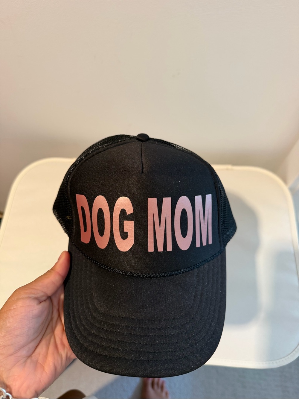 DOG MOM Black Trucker Hat with Pink Lettering